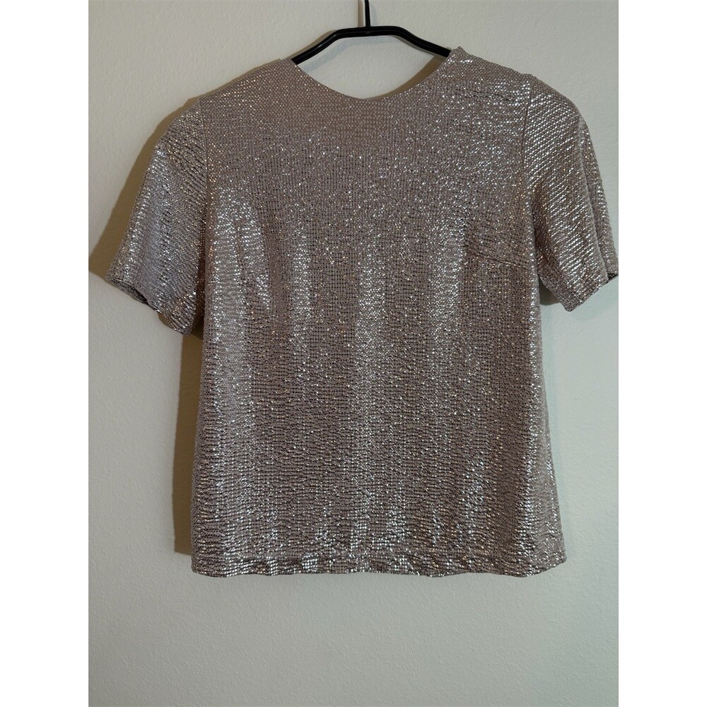 Monteau Los Angeles Blouse Womens Size S Metallic Silver Pink Sparkle Top